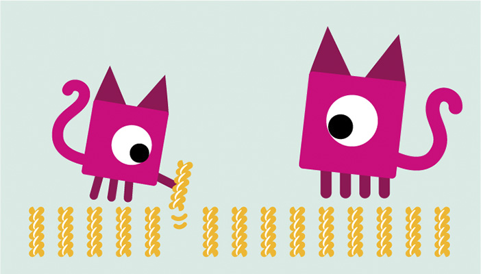 Cyclops cat and kitten and pasta illustration